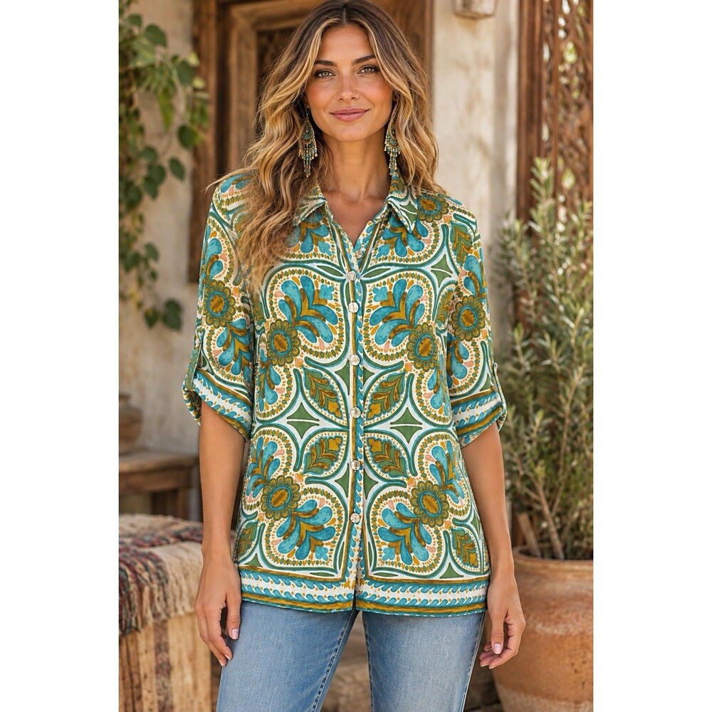 Haute Hippie Retro button front blouse short sleeve Rayon size M boho green
